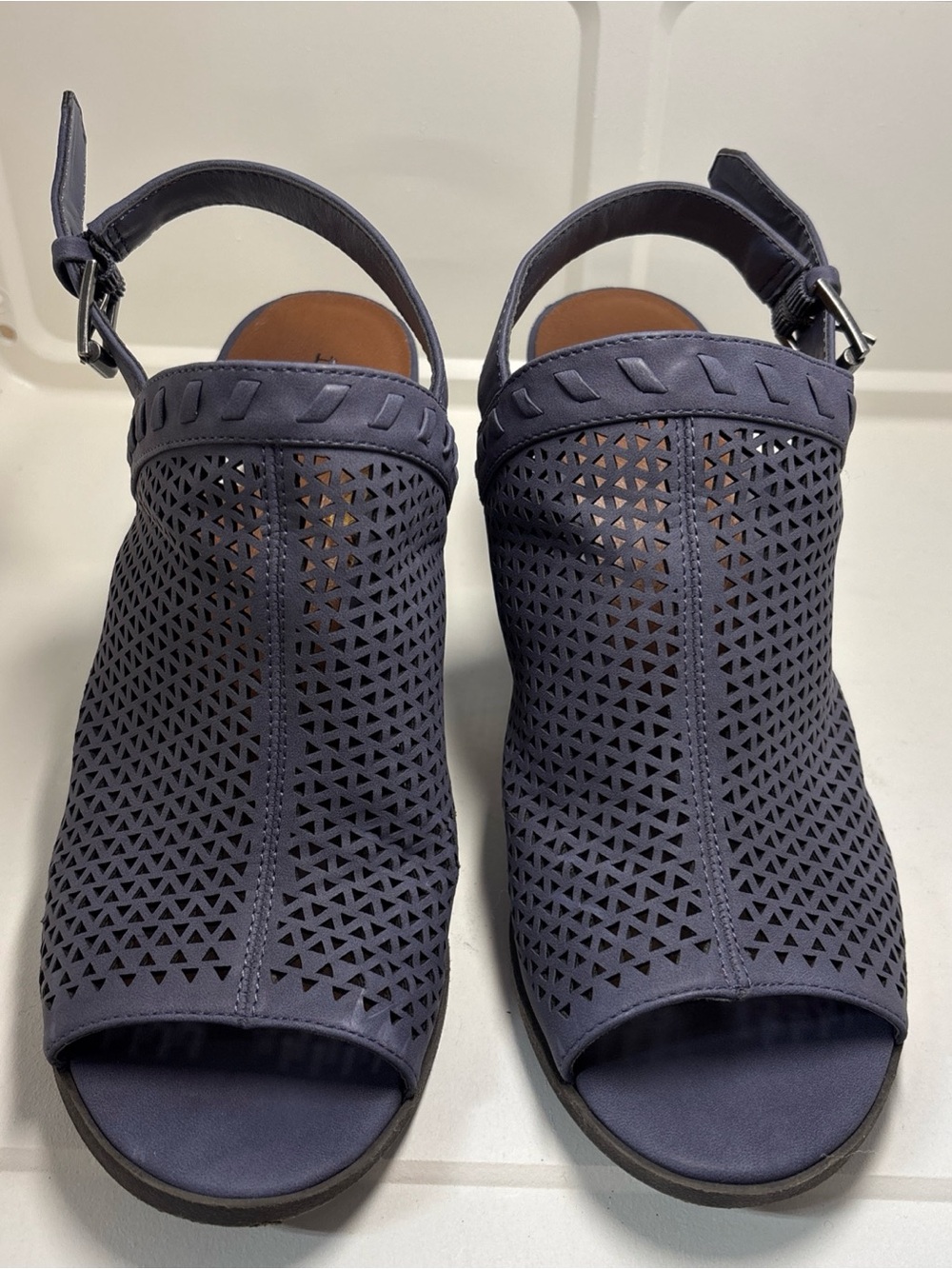 Perforated Navy Slingback Peep-Toe Sandals